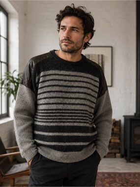 Vintage Wool Striped Crewneck Sweater in Charcoal and Gray